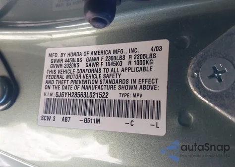 2003 Honda Element Ex z USA, uszkodzony, nr VIN 5J6YH28563L021522